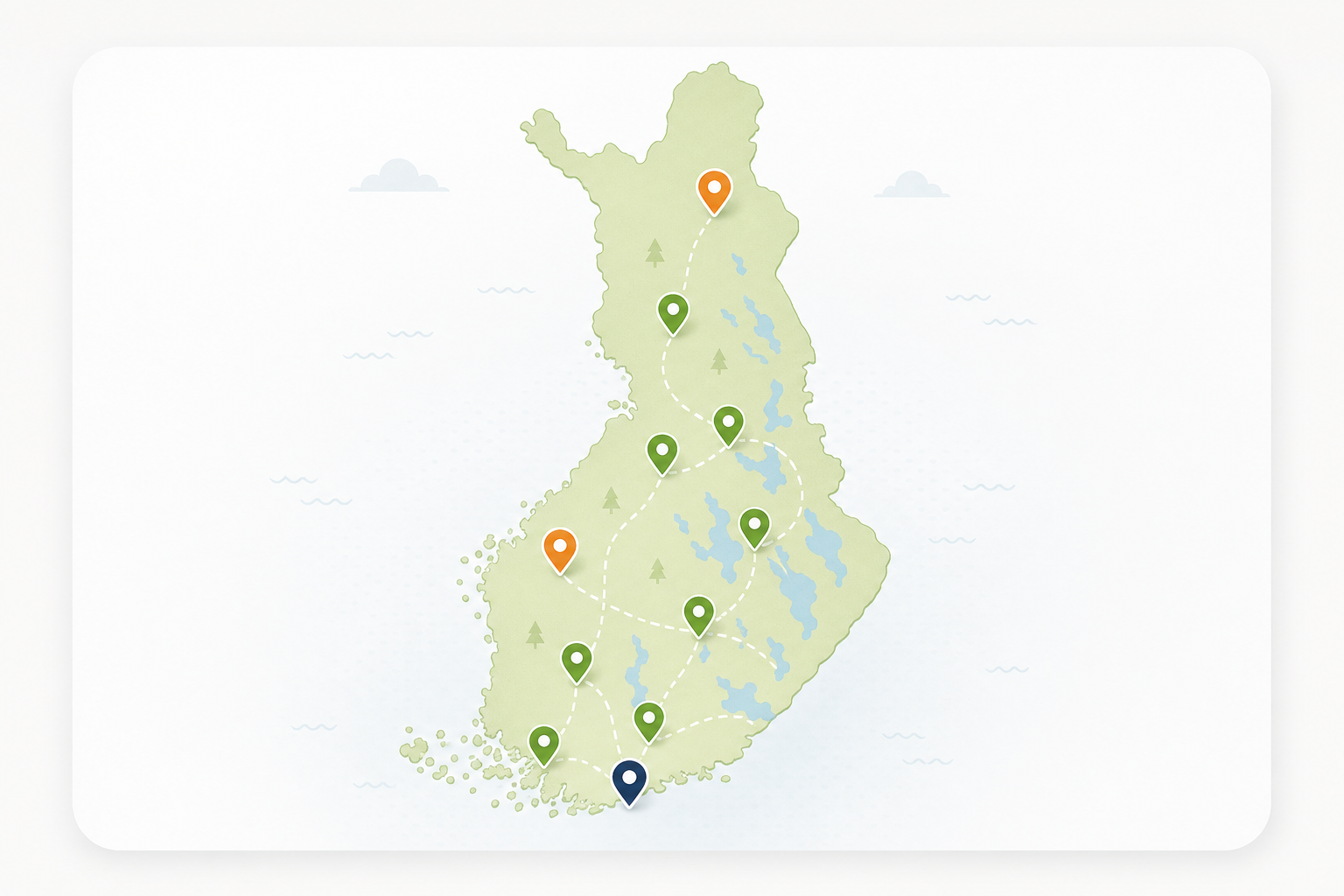 Kuvitus Suomen korkeakoulukaupungeista ja opiskelijaravintoloiden sijainneista kartalla