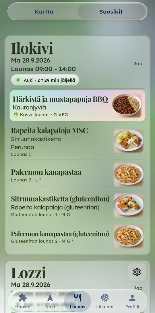 Ruokalista, jossa ruokavalioon sopivat annokset on korostettu