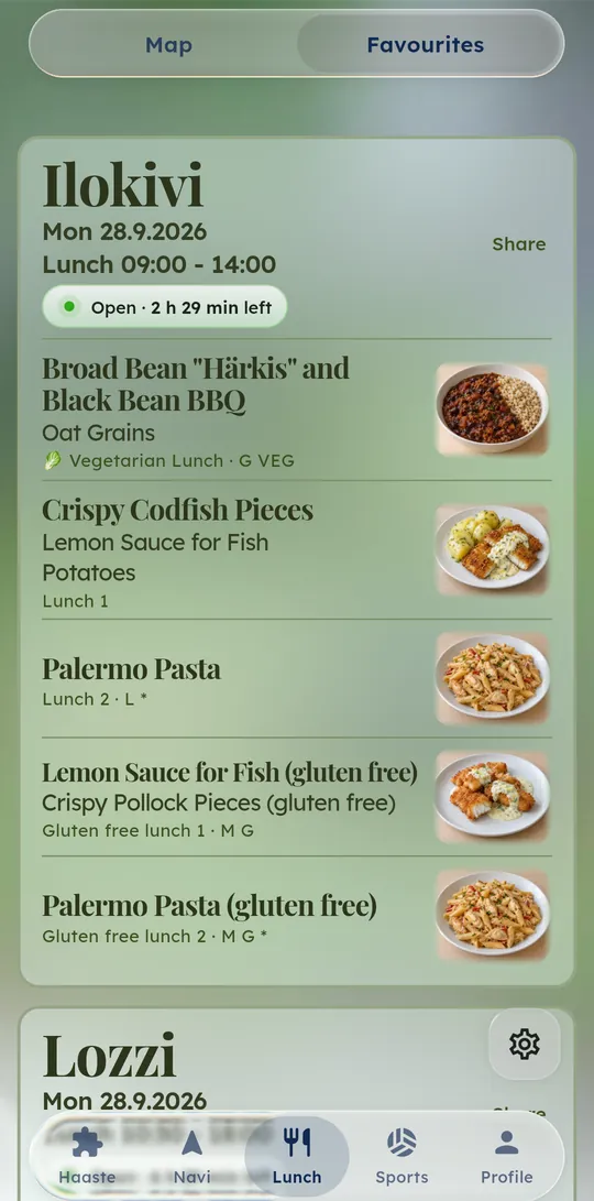 Favourites list with today’s restaurant menus
