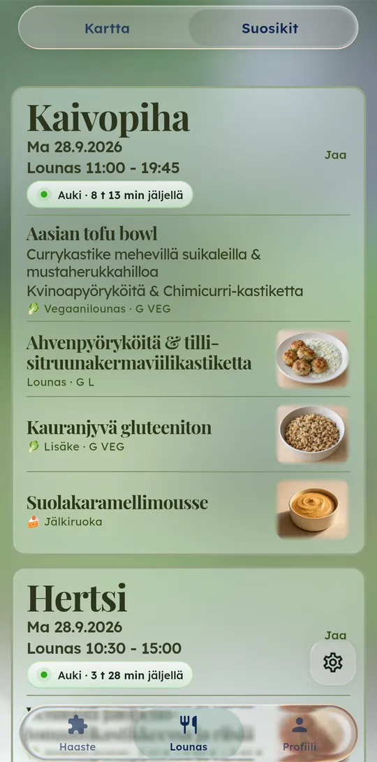 Suosikkilista, jossa ravintoloiden päivän ruokalistat