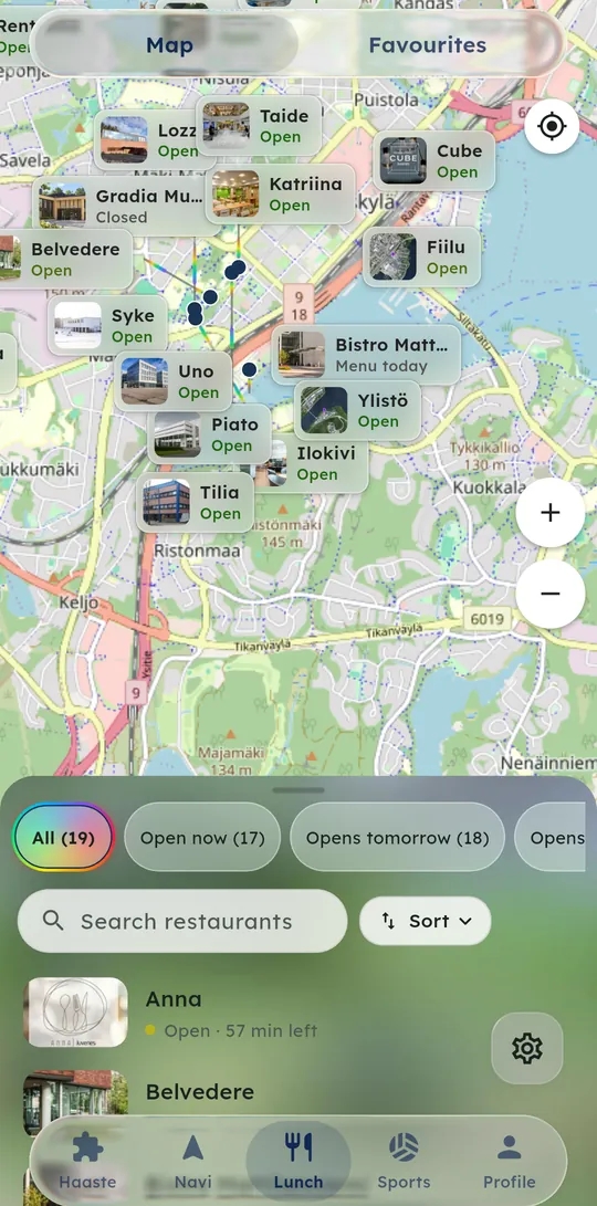 Restaurant map with open restaurants