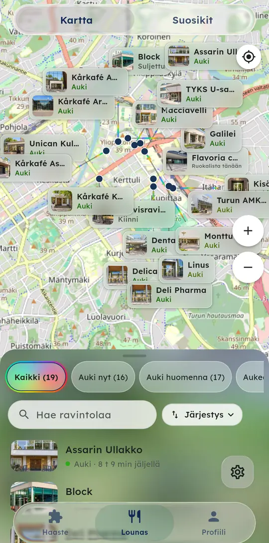 Ravintolakartta ja auki olevat ravintolat