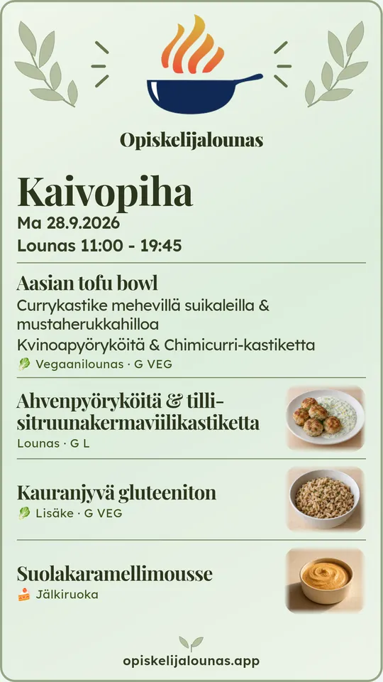 Jaettava kuva ravintolan päivän ruokalistasta